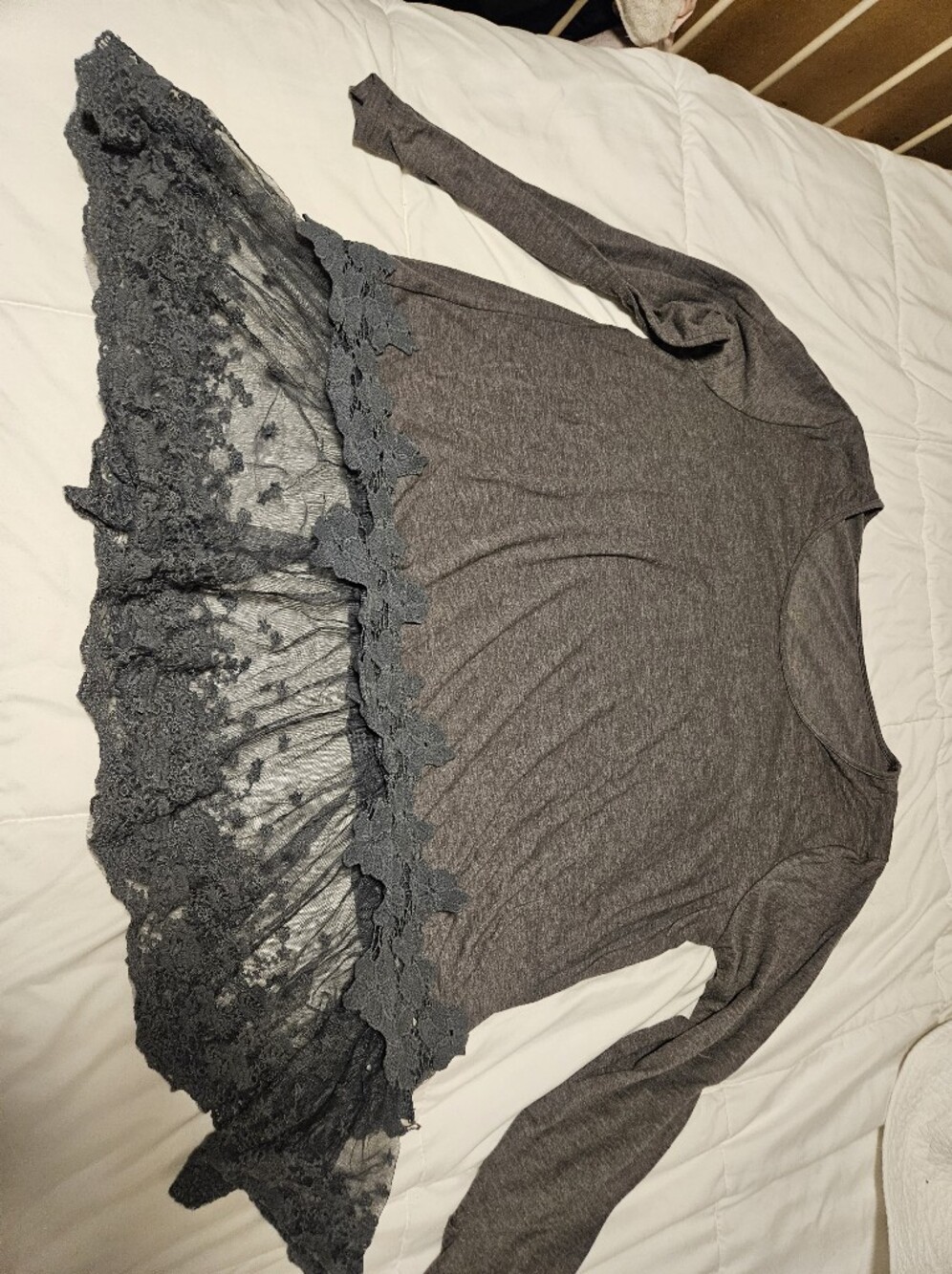 Lace-Hem Long Sleeve Top - Charcoal Gray
